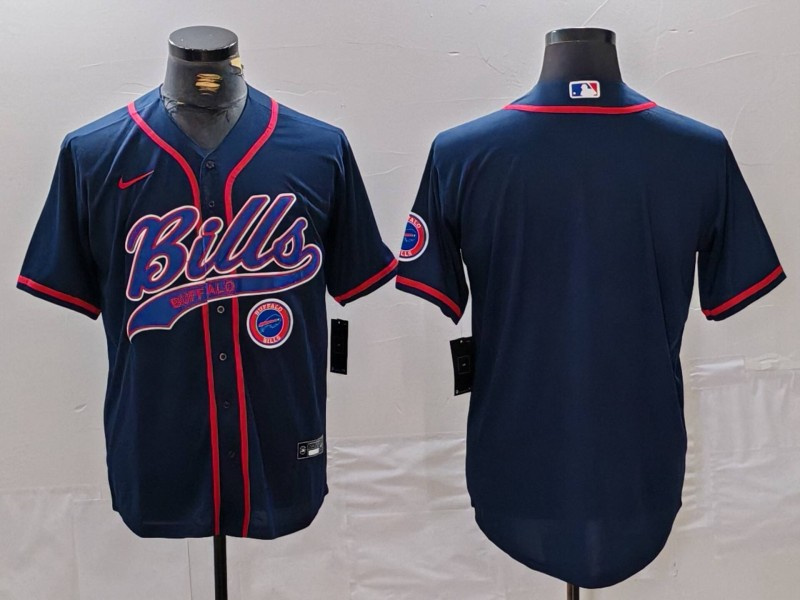 Men's Buffalo Bills Blank Navy With Patch Cool Base Stitched Baseball Jersey 1