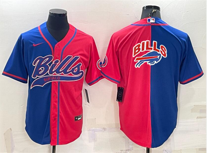 Men's Buffalo Bills Blank Royal Red Split Team Big Logo With Patch Cool Base Stitched Baseball Jersey Men's Buffalo Bills Blank Royal Red Split Team Big Logo With Patch Cool Base Stitched Baseball Jersey
