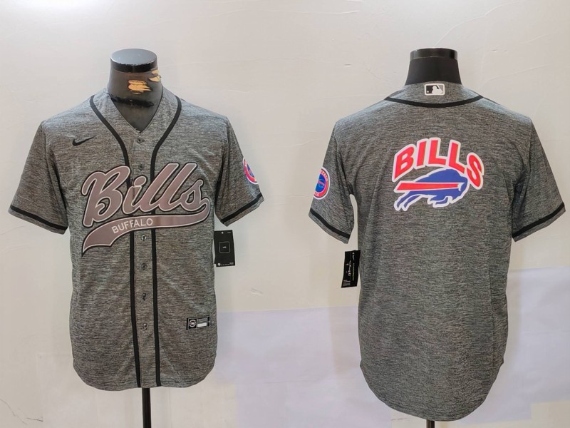 Men's Buffalo Bills Grey Team Big logo Cool Base Stitched Baseball Jersey 2