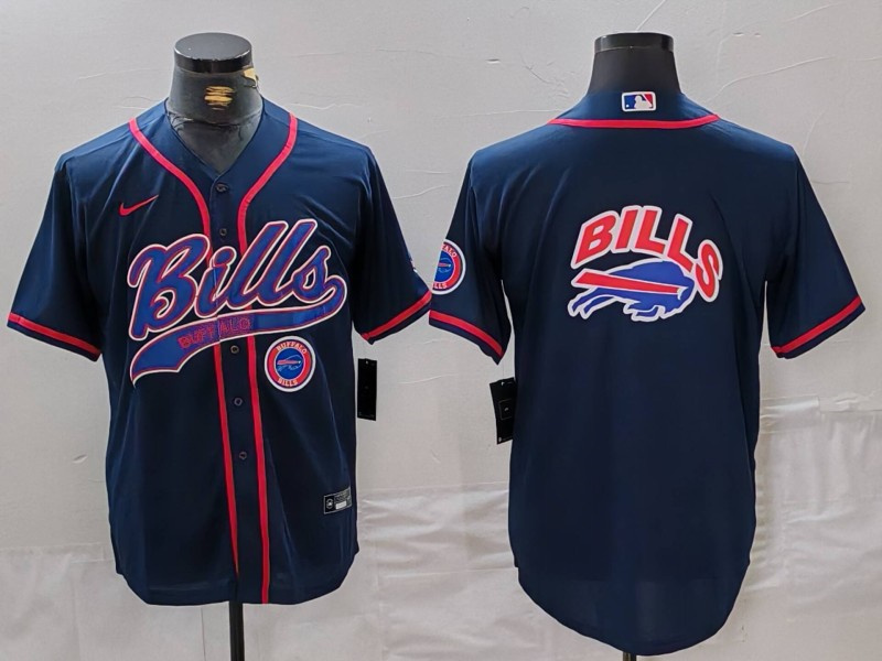 Men's Buffalo Bills Navy Team Big Logo With Patch Cool Base Stitched Baseball Jersey 4