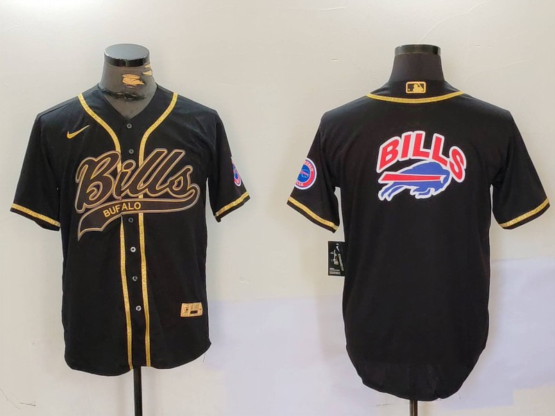 Men's Buffalo Bills big logo Black Cool Base Stitched Baseball Jersey 2