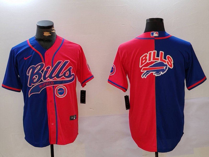 Men's Buffalo Bills big logo Red Blue Team Cool Base Stitched Baseball Jersey 1