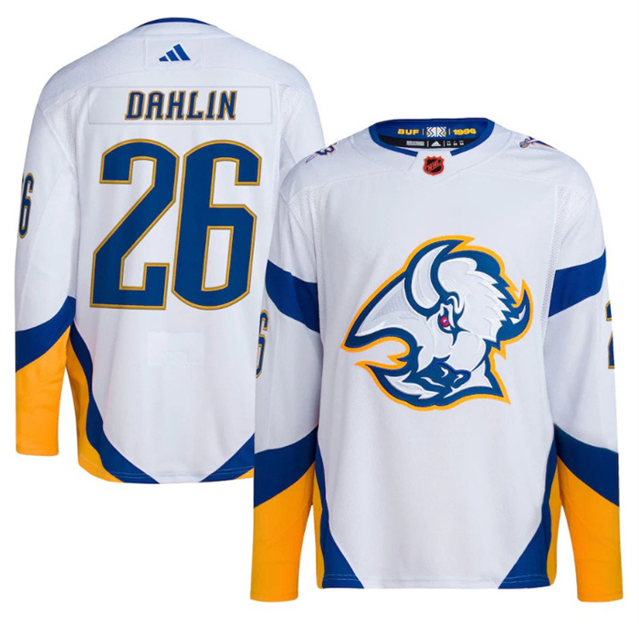 Men's Buffalo Sabres #26 Rasmus Dahlin White 2022 23 Reverse Retro Stitched Jersey Men's Buffalo Sabres #26 Rasmus Dahlin White 2022 23 Reverse Retro Stitched Jersey