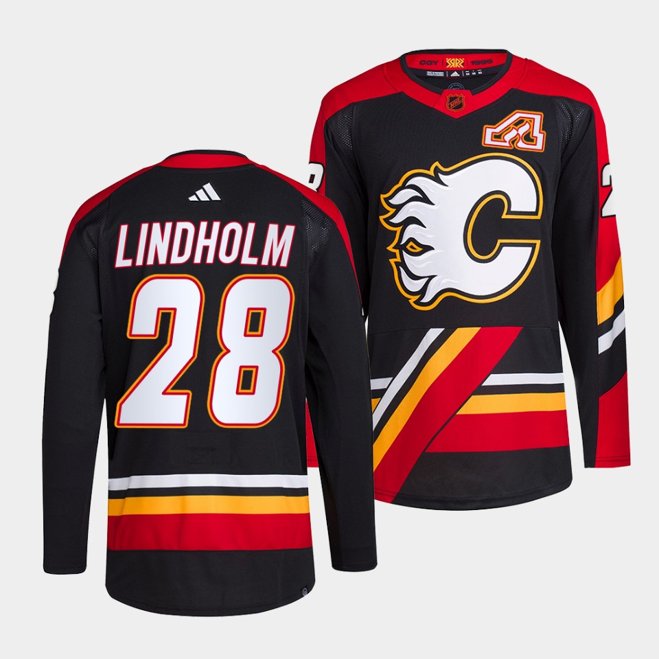 Men's Calgary Flames #28 Elias Lindholm Black 2022-23 Reverse Retro Stitched Jersey Men's Calgary Flames #28 Elias Lindholm Black 2022-23 Reverse Retro Stitched Jersey
