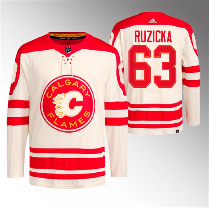 Men's Calgary Flames #63 Adam Ruzicka 2023 Cream Heritage Classic Primegreen Stitched Jersey Men's Calgary Flames #63 Adam Ruzicka 2023 Cream Heritage Classic Primegreen Stitched Jersey
