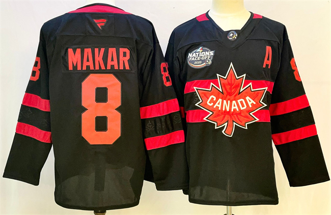 Men's Canada #8 Cale Makar Black 2025 4 Nations Face-Off Premium With A Patch Stitched Jersey Men's Canada #8 Cale Makar Black 2025 4 Nations Face-Off Premium With A Patch Stitched Jersey