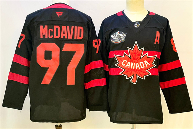 Men's Canada #97 Connor McDavid Black 2025 4 Nations Face-Off Premium With A Patch Stitched Jersey Men's Canada #97 Connor McDavid Black 2025 4 Nations Face-Off Premium With A Patch Stitched Jersey