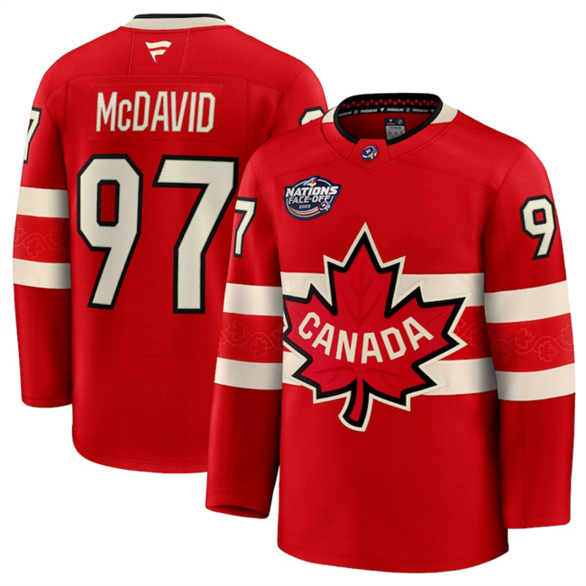 Men's Canada #97 Connor McDavid Red 2025 4 Nations Face-Off Premium Stitched Jersey Men's Canada #97 Connor McDavid Red 2025 4 Nations Face-Off Premium Stitched Jersey