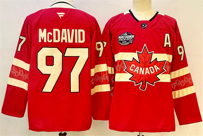Men's Canada #97 Connor McDavid Red 2025 4 Nations Face-Off Premium With A Patch Stitched Jersey Men's Canada #97 Connor McDavid Red 2025 4 Nations Face-Off Premium With A Patch Stitched Jersey