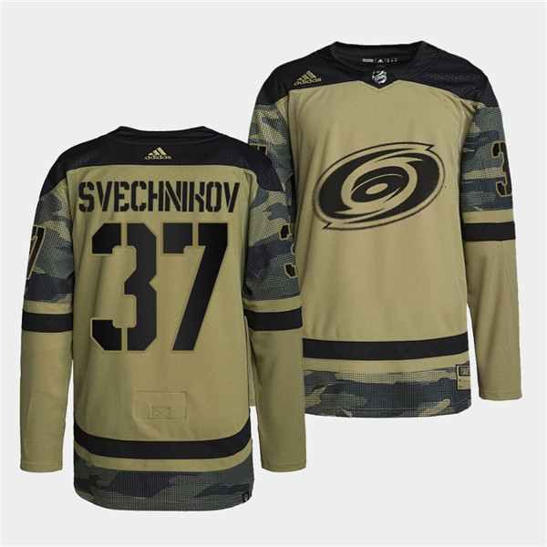 Men's Carolina Hurricanes #37 Andrei Svechnikov 2022 Camo Military Appreciation Night Stitched Jersey Men's Carolina Hurricanes #37 Andrei Svechnikov 2022 Camo Military Appreciation Night Stitched Jersey