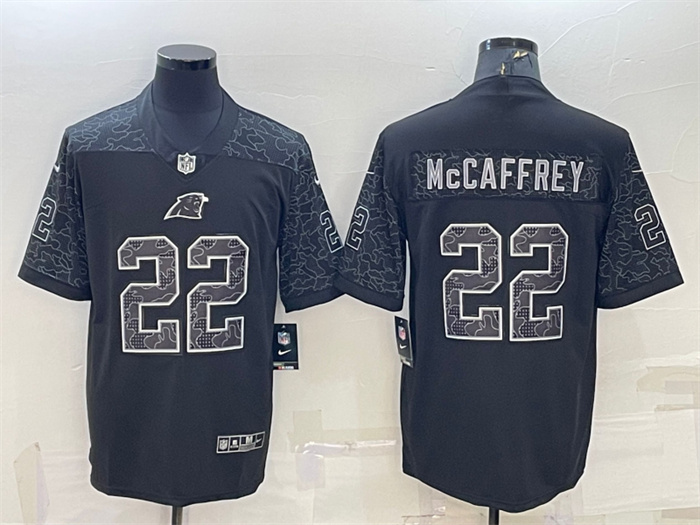 Men's Carolina Panthers #22 Christian McCaffrey Black Reflective Limited Stitched