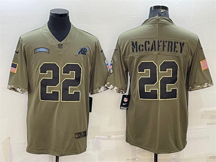 Men's Carolina Panthers #22 Christian McCaffrey Olive 2022 Salute To Service Limited Stitched Jersey