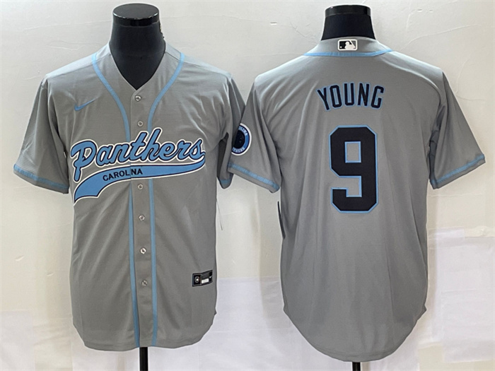 Men's Carolina Panthers #9 Bryce Young Gray With Patch Cool Base Stitched Baseball Jersey Men's Carolina Panthers #9 Bryce Young Gray With Patch Cool Base Stitched Baseball Jersey
