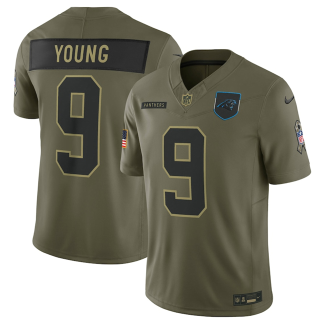 Men's Carolina Panthers #9 Bryce Young Olive 2025 Salute to Service Limited Stitched Football Jersey