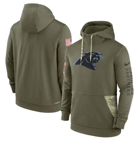 Men's Carolina Panthers 2022 Olive Salute To Service Therma Performance Pullover Hoodie