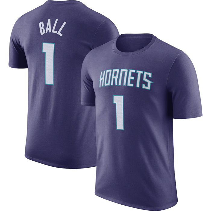 Men's Charlotte Hornets #1 LaMelo Ball Purple 2022 23 Statement Edition Name & Number T-Shirt Men's Charlotte Hornets #1 LaMelo Ball Purple 2022 23 Statement Edition Name & Number T-Shirt