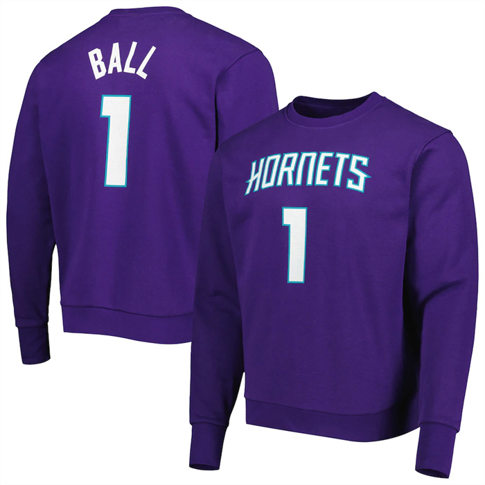 Men's Charlotte Hornets #1 LaMelo Ball Purple Long Sleeve T-Shirt Men's Charlotte Hornets #1 LaMelo Ball Purple Long Sleeve T-Shirt