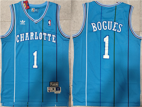 Men's Charlotte Hornets #1 Muggsy Bogues Blue Mitchell & Ness Throwback Stitched Jersey Men's Charlotte Hornets #1 Muggsy Bogues Blue Mitchell & Ness Throwback Stitched Jersey
