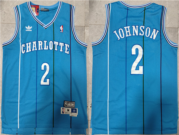 Men's Charlotte Hornets #2 Larry Johnson Blue Mitchell & Ness Throwback Stitched Jersey Men's Charlotte Hornets #2 Larry Johnson Blue Mitchell & Ness Throwback Stitched Jersey