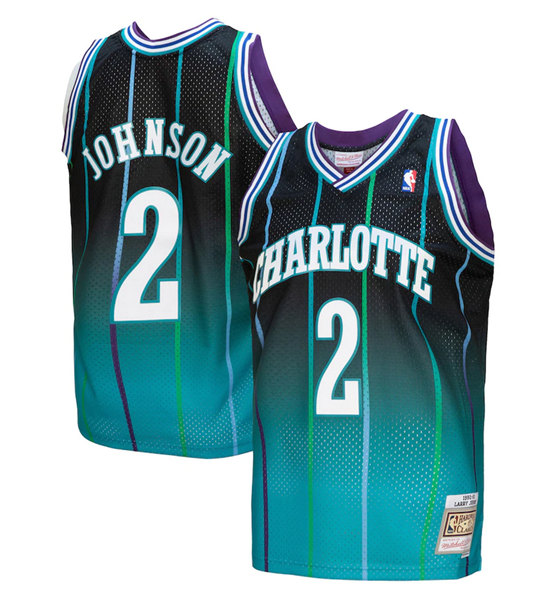 Men's Charlotte Hornets #2 Larry Johnson Teal Black Throwback Stitched Jersey Men's Charlotte Hornets #2 Larry Johnson Teal Black Throwback Stitched Jersey
