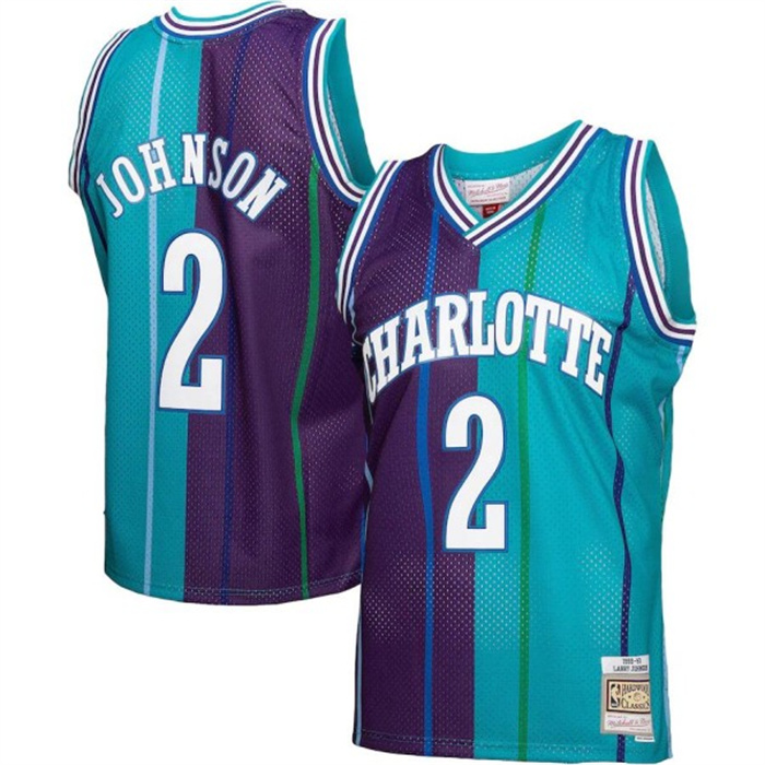 Men's Charlotte Hornets #2 Larry Johnson Teal Purple Split 1992-93 Mitchell & Ness Swingman Stitched Jersey Men's Charlotte Hornets #2 Larry Johnson Teal Purple Split 1992-93 Mitchell & Ness Swingman Stitched Jersey