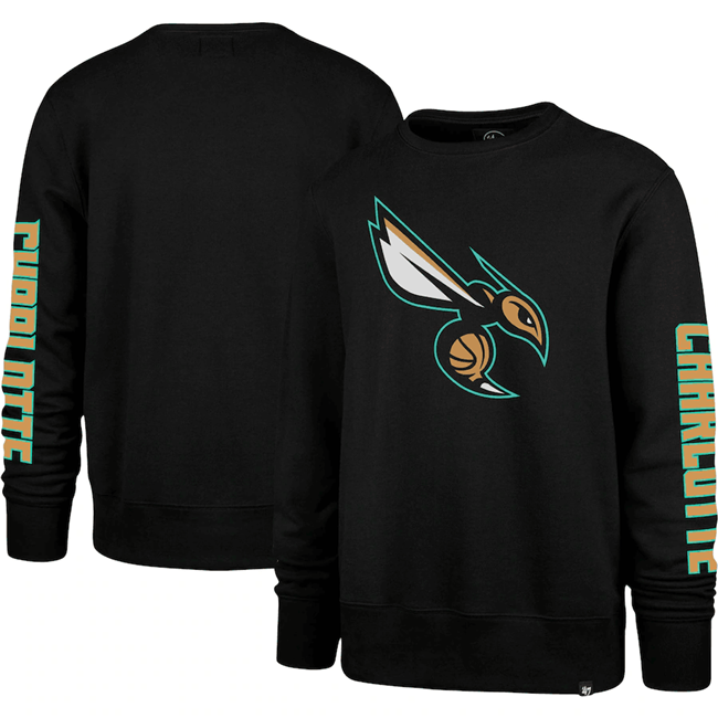 Men's Charlotte Hornets '47 Black 2022 23 City Edition Two-Peat Headline Pullover Sweatshirt Men's Charlotte Hornets '47 Black 2022 23 City Edition Two-Peat Headline Pullover Sweatshirt