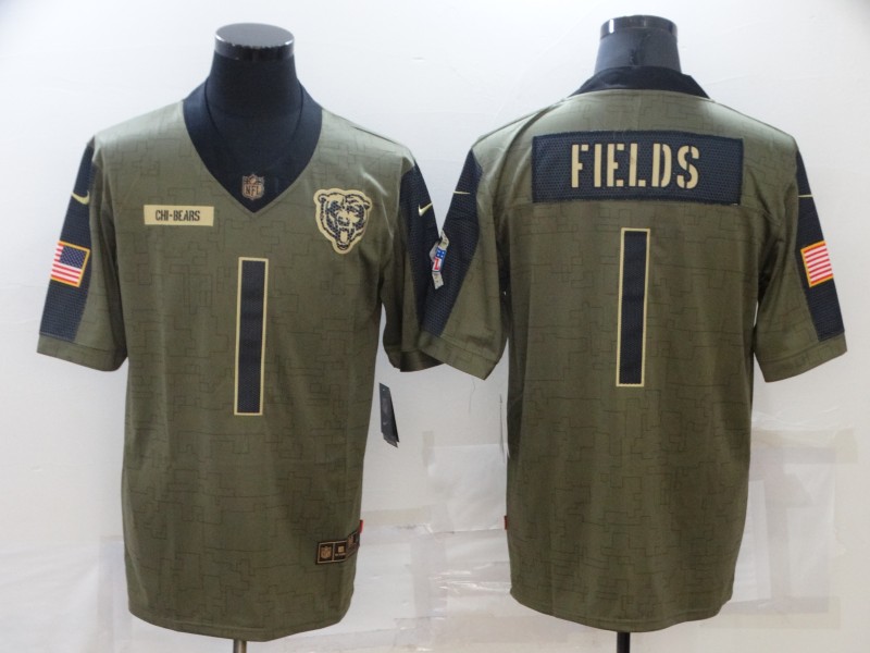 Men's Chicago Bears #1 Justin Fields 2021 Olive Salute To Service Limited Stitched Jersey Men's Chicago Bears #1 Justin Fields 2021 Olive Salute To Service Limited Stitched Jersey