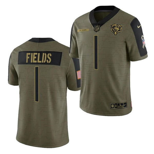Men's Chicago Bears #1 Justin Fields 2021 Olive Salute To Service Limited Stitched Jersey Men's Chicago Bears #1 Justin Fields 2021 Olive Salute To Service Limited Stitched Jersey