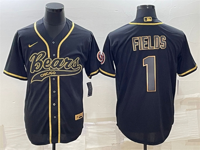 Men's Chicago Bears #1 Justin Fields Black Gold With Patch Cool Base Stitched Baseball Jersey Men's Chicago Bears #1 Justin Fields Black Gold With Patch Cool Base Stitched Baseball Jersey