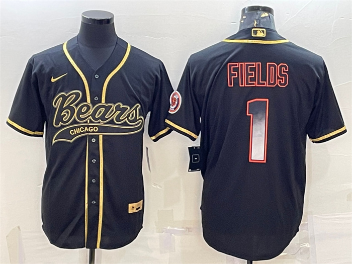Men's Chicago Bears #1 Justin Fields Black Gold With Patch Cool Base Stitched Baseball Jersey Men's Chicago Bears #1 Justin Fields Black Gold With Patch Cool Base Stitched Baseball Jersey