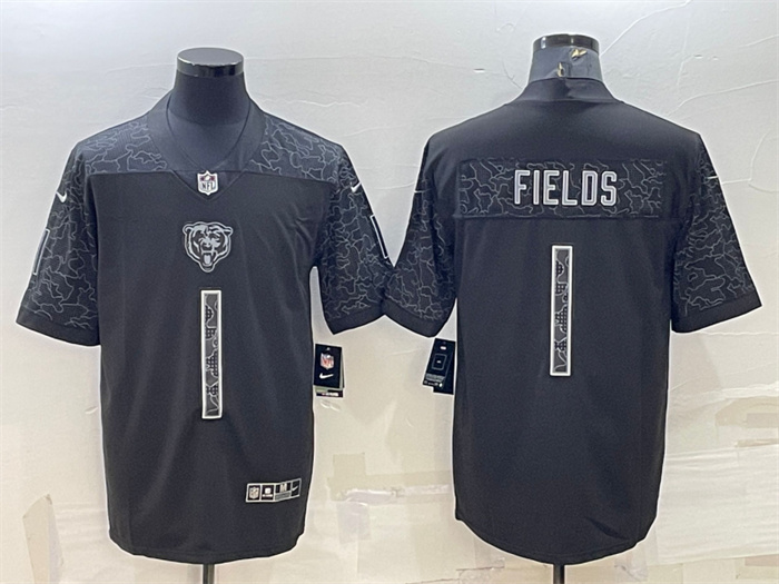 Men's Chicago Bears #1 Justin Fields Black Reflective Limited Stitched Football Jersey
