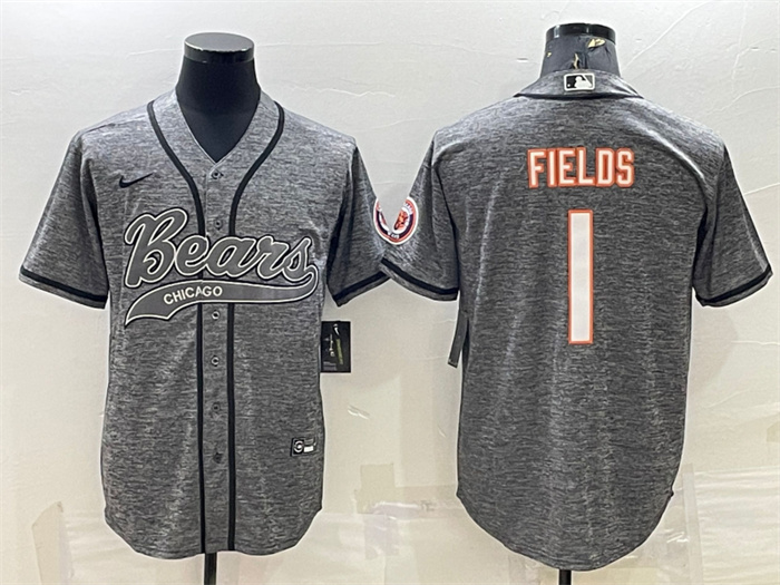 Men's Chicago Bears #1 Justin Fields Grey With Patch Cool Base Stitched Baseball Jersey Men's Chicago Bears #1 Justin Fields Grey With Patch Cool Base Stitched Baseball Jersey