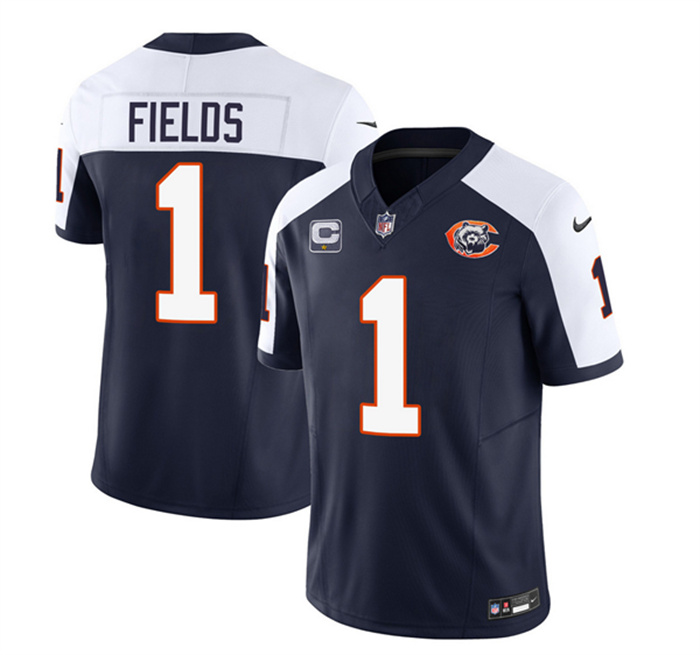 Men's Chicago Bears #1 Justin Fields Navy White 2023 F.U.S.E. With 1-Star C PatchThrowback Limited Stitched Football Jersey Men's Chicago Bears #1 Justin Fields Navy White 2023 F.U.S.E. With 1-Star C PatchThrowback Limited Stitched Football Jersey
