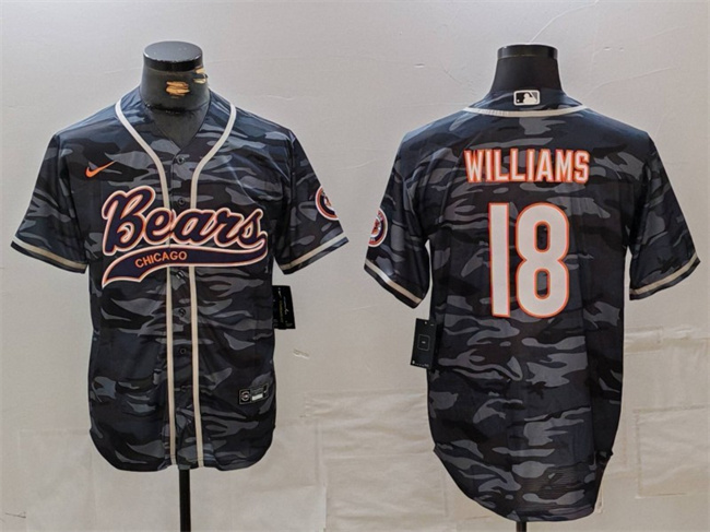 Men's Chicago Bears #18 Caleb Williams Grey Camo With Patch Cool Base Stitched Baseball Jersey Men's Chicago Bears #18 Caleb Williams Grey Camo With Patch Cool Base Stitched Baseball Jersey