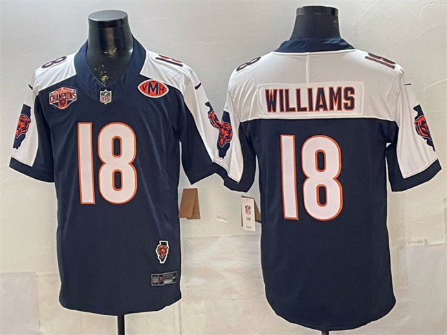Men's Chicago Bears #18 Caleb Williams Navy White F.U.S.E. 2025 NFC North Division Champions & VMH Patch Vapor Untouchable Limited Stitched Football Jersey Men's Chicago Bears #18 Caleb Williams Navy White F.U.S.E. 2025 NFC North Division Champions & VMH Patch Vapor Untouchable Limited Stitched Football Jersey