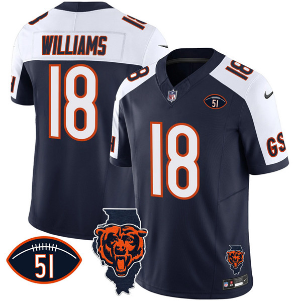 Men's Chicago Bears #18 Caleb Williams Navy White F.U.S.E. With Illinois And No. 51 Patch Stitched Football Jersey