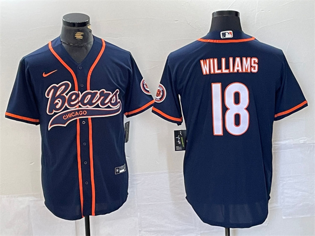 Men's Chicago Bears #18 Caleb Williams Navy With Patch Cool Base Stitched Baseball Jersey Men's Chicago Bears #18 Caleb Williams Navy With Patch Cool Base Stitched Baseball Jersey