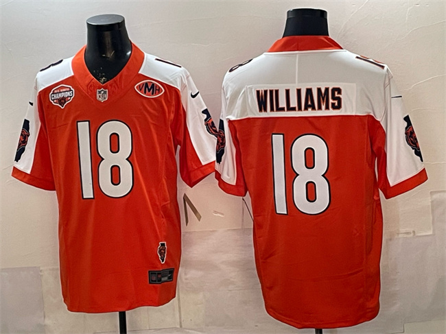 Men's Chicago Bears #18 Caleb Williams Orange White F.U.S.E. 2025 NFC North Champions & VMH Patch Vapor Untouchable Limited Stitched Football Jersey Men's Chicago Bears #18 Caleb Williams Orange White F.U.S.E. 2025 NFC North Champions & VMH Patch Vapor Untouchable Limited Stitched Football Jersey
