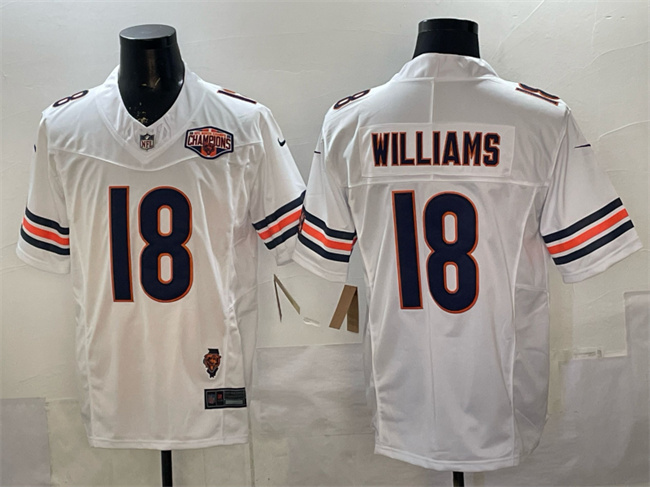 Men's Chicago Bears #18 Caleb Williams White F.U.S.E. 2025 NFC North Division Champions & Illinois Patch Stitched Football Jersey Men's Chicago Bears #18 Caleb Williams White F.U.S.E. 2025 NFC North Division Champions & Illinois Patch Stitched Football Jersey