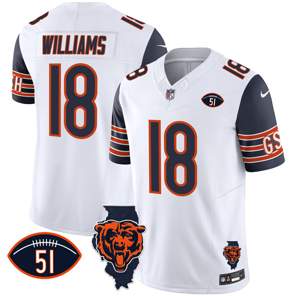 Men's Chicago Bears #18 Caleb Williams White Navy F.U.S.E. With Illinois And No. 51 Patch Stitched Football Jersey
