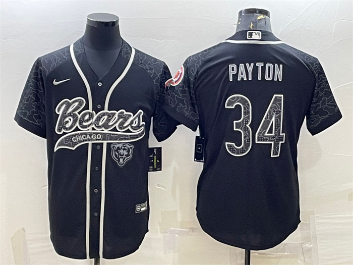 Men's Chicago Bears #34 Walter Payton Black Reflective With Patch Cool Base Stitched Baseball Jersey Men's Chicago Bears #34 Walter Payton Black Reflective With Patch Cool Base Stitched Baseball Jersey