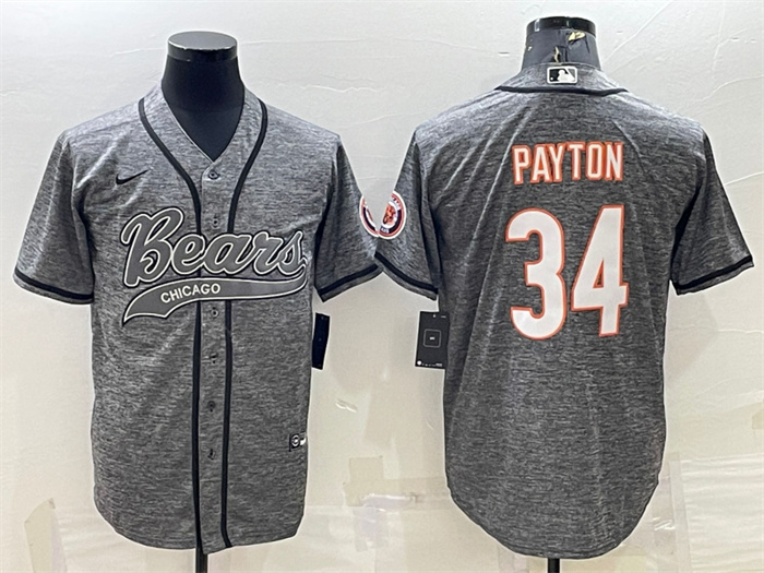 Men's Chicago Bears #34 Walter Payton Grey With Patch Cool Base Stitched Baseball Jersey Men's Chicago Bears #34 Walter Payton Grey With Patch Cool Base Stitched Baseball Jersey