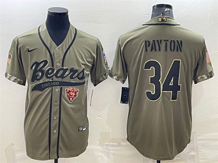 Men's Chicago Bears #34 Walter Payton Olive 2022 Salute To Service Cool Base Stitched Baseball Jersey Men's Chicago Bears #34 Walter Payton Olive 2022 Salute To Service Cool Base Stitched Baseball Jersey
