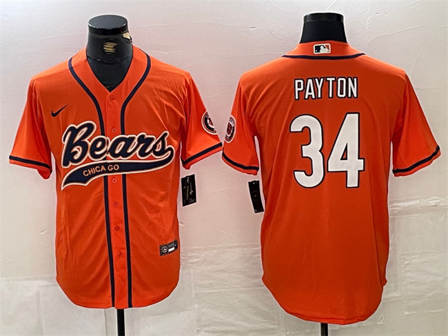 Men's Chicago Bears #34 Walter Payton Orange With Patch Cool Base Stitched Baseball Jersey Men's Chicago Bears #34 Walter Payton Orange With Patch Cool Base Stitched Baseball Jersey