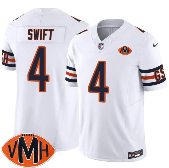 Men's Chicago Bears #4 D'Andre Swift White 2025 F.U.S.E. With Illinois and VMH Patch Vapor Untouchable Limited Stitched Football Jersey Men's Chicago Bears #4 D'Andre Swift White 2025 F.U.S.E. With Illinois and VMH Patch Vapor Untouchable Limited Stitched Football Jersey
