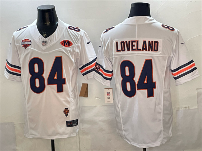 Men's Chicago Bears #84 Colston Loveland White F.U.S.E. 2025 NFC North Champions & VMH Patch Vapor Untouchable Limited Stitched Football Jersey Men's Chicago Bears #84 Colston Loveland White F.U.S.E. 2025 NFC North Champions & VMH Patch Vapor Untouchable Limited Stitched Football Jersey