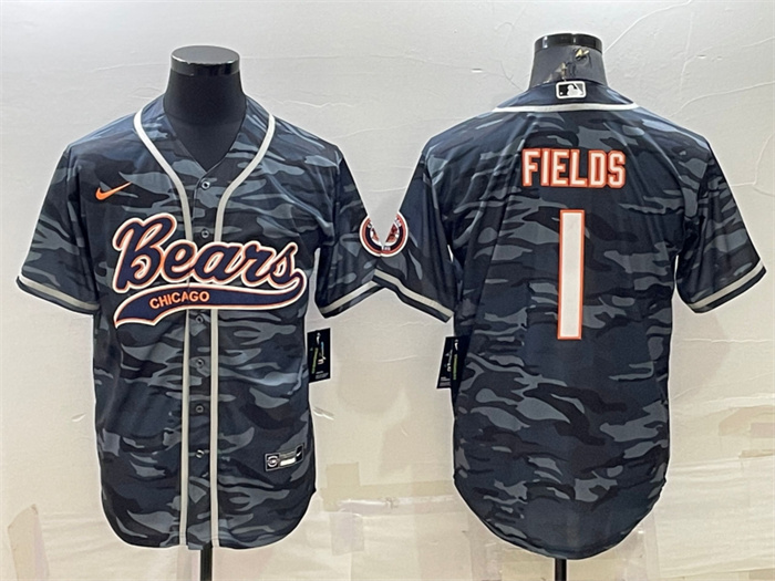 Men's Chicago Bears Blank #1 Justin Fields Grey Camo With Patch Cool Base Stitched Baseball Jersey 001 Men's Chicago Bears Blank #1 Justin Fields Grey Camo With Patch Cool Base Stitched Baseball Jersey 001