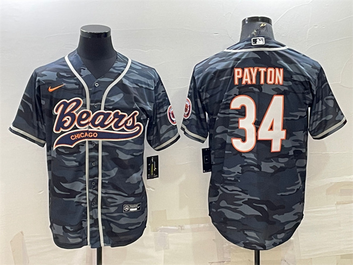 Men's Chicago Bears Blank #34 Walter Payton Grey Camo With Patch Cool Base Stitched Baseball Jersey 001 Men's Chicago Bears Blank #34 Walter Payton Grey Camo With Patch Cool Base Stitched Baseball Jersey 001