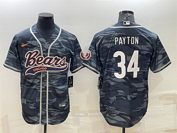 Men's Chicago Bears Blank #34 Walter Payton Grey Camo With Patch Cool Base Stitched Baseball Jersey Men's Chicago Bears Blank #34 Walter Payton Grey Camo With Patch Cool Base Stitched Baseball Jersey