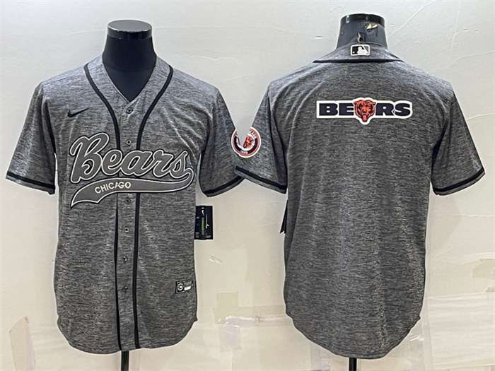 Men's Chicago Bears Grey Team Big Logo With Patch Cool Base Stitched Baseball Jersey Men's Chicago Bears Grey Team Big Logo With Patch Cool Base Stitched Baseball Jersey